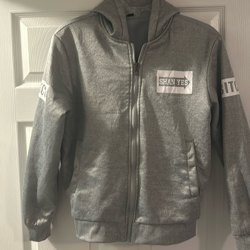 Fuzzy cozy zip up gray sweat shirt Shan Yes brand